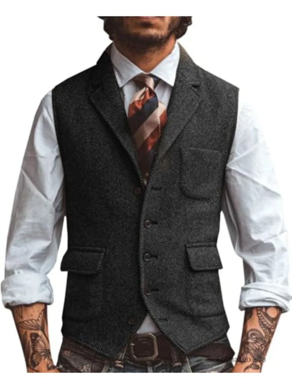 Men's Herringbone Tweed Suit Vest, Sleeveless Waistcoat for Weddings & Business